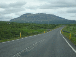 The Laugarvatnsvegur road and mountains, viewed from the rental car