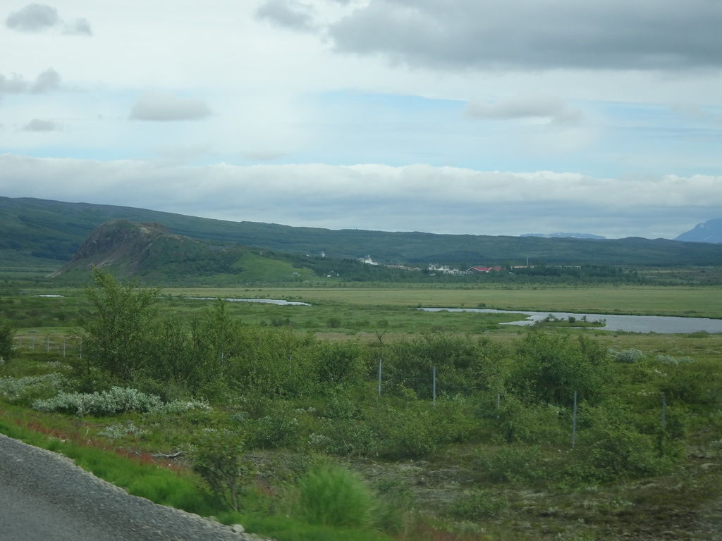 The Geysir geothermal area and mountains, viewed from the rental car on the Biskupstungnabraut road