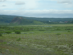 The Geysir geothermal area and mountains, viewed from the rental car on the Biskupstungnabraut road