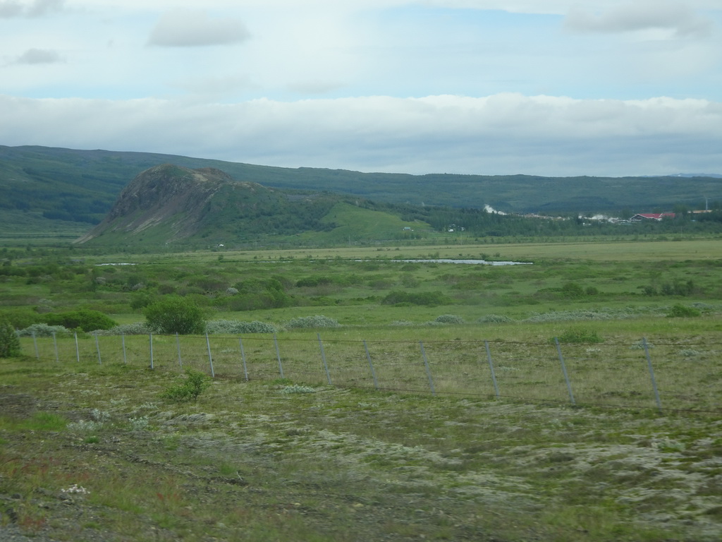 The Geysir geothermal area and mountains, viewed from the rental car on the Biskupstungnabraut road