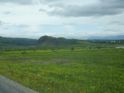 The Geysir geothermal area and mountains, viewed from the rental car on the Biskupstungnabraut road