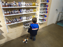 Max with Puffin toys in the souvenir shop of the Geysir Center