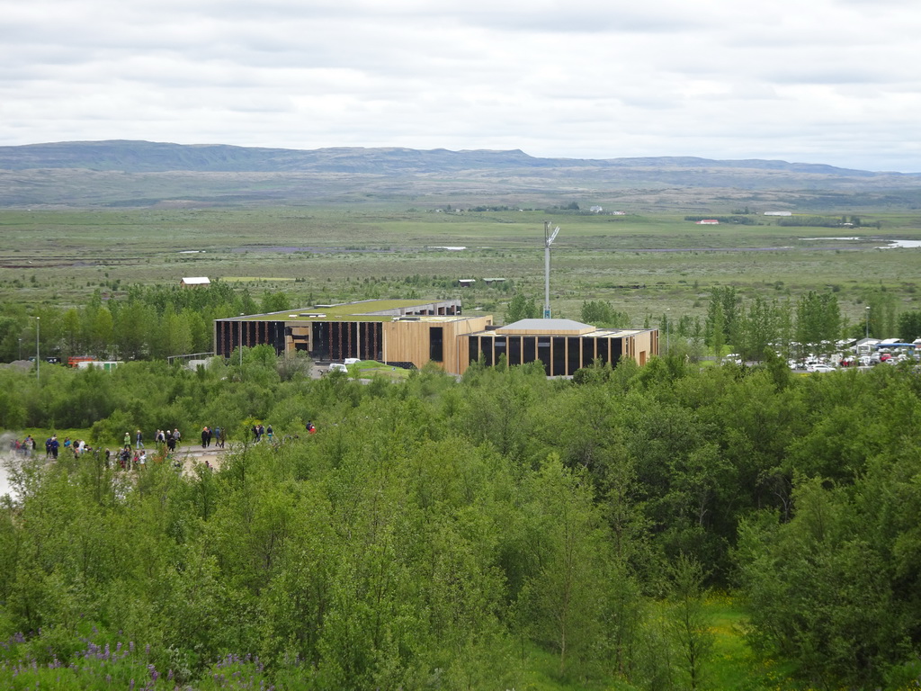 The Geysir Center, viewed from the Útsýnisskífa viewpoint of the Geysir geothermal area