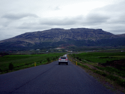 The Biskupstungnabraut road, mountains and the Geysir geothermal area, viewed from the rental car