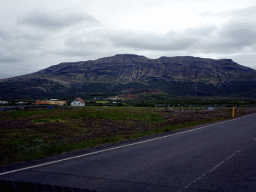 The Biskupstungnabraut road, mountains and the Geysir geothermal area, viewed from the rental car