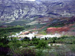 The Geysir geothermal area, viewed from the rental car on the Biskupstungnabraut road from Gullfoss