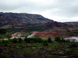 The Geysir geothermal area, viewed from the rental car on the Biskupstungnabraut road from Gullfoss