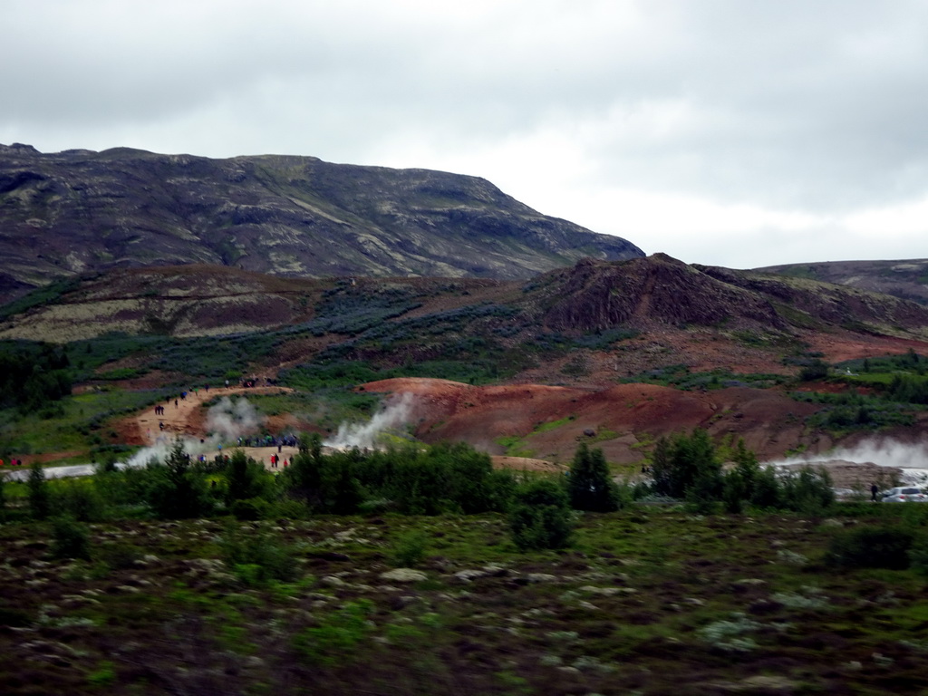 The Geysir geothermal area, viewed from the rental car on the Biskupstungnabraut road from Gullfoss