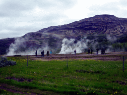 The Geysir geothermal area, viewed from the rental car on the Biskupstungnabraut road from Gullfoss