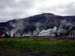 The Geysir geothermal area, viewed from the rental car on the Biskupstungnabraut road from Gullfoss