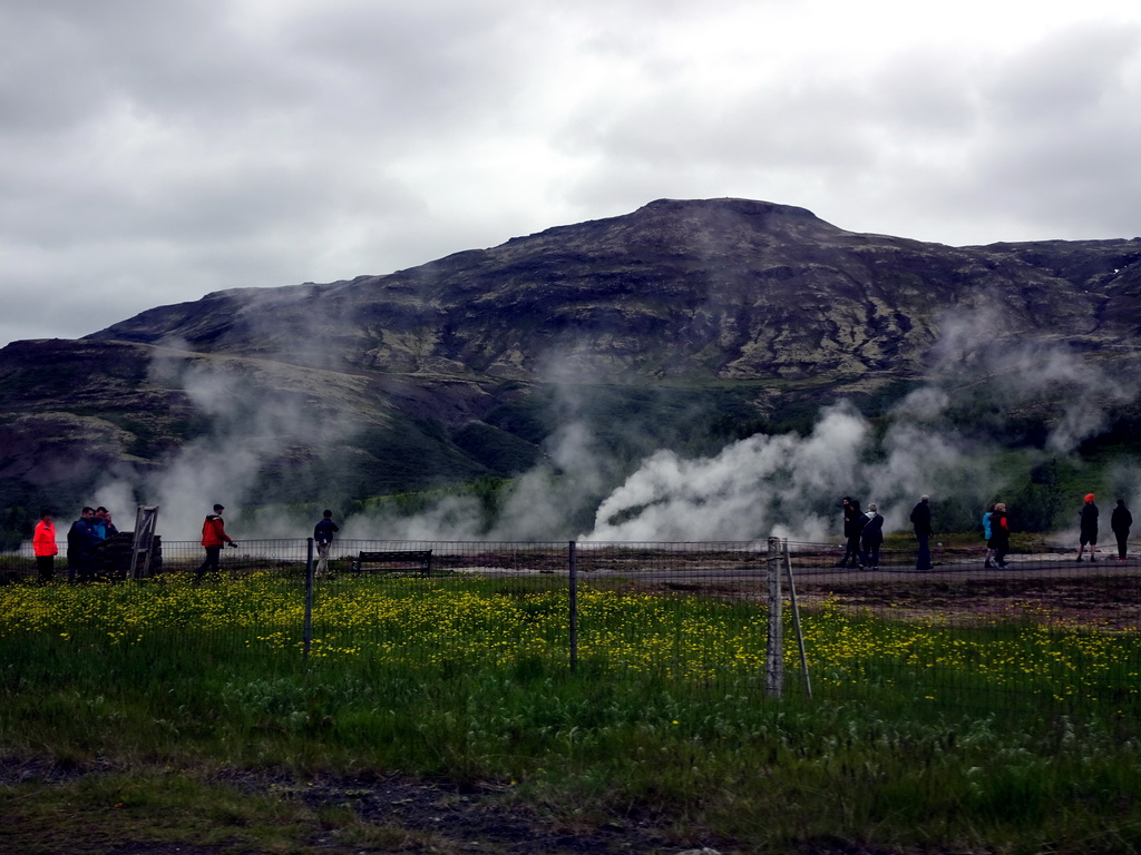 The Geysir geothermal area, viewed from the rental car on the Biskupstungnabraut road from Gullfoss