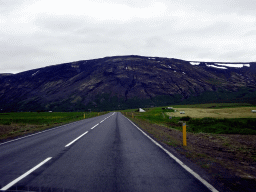 The Laugarvatnsvegur road and mountains, viewed from the rental car