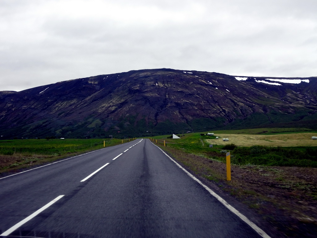 The Laugarvatnsvegur road and mountains, viewed from the rental car
