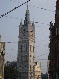 The Belfry of Ghent and the Lakenhalle building, viewed from the Korenmarkt square