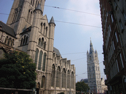 South side of the Sint-Niklaaskerk church, the Belfry of Ghent and the Lakenhalle building, viewed from the Korenmarkt square