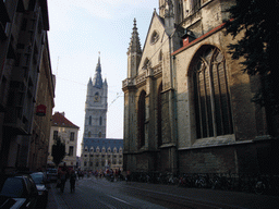 The Limburgstraat street, the southwest side of the Sint-Baafs Cathedral, the Belfry of Ghent and the Lakenhalle building