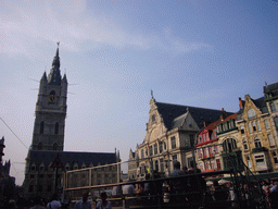 The Sint-Baafsplein square with the Belfry of Ghent, the Lakenhalle building and the NTGent Theatre