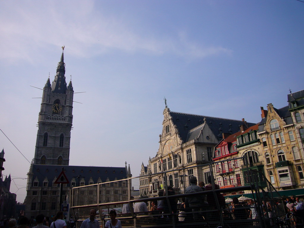 The Sint-Baafsplein square with the Belfry of Ghent, the Lakenhalle building and the NTGent Theatre