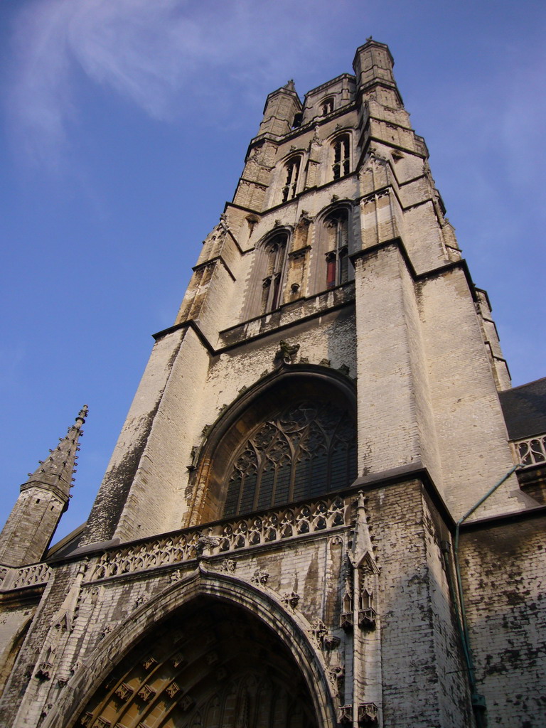 The tower of the Sint-Baafs Cathedral, viewed from the Sint-Baafsplein square