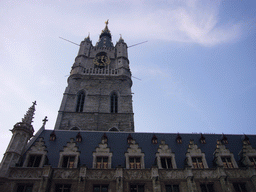 The east side of the Belfry of Ghent and the Lakenhalle building, viewed from the Sint-Baafsplein square