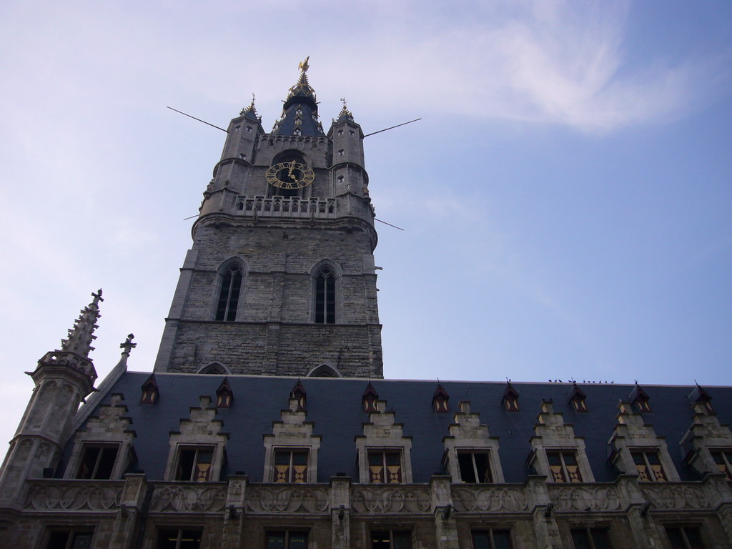 The east side of the Belfry of Ghent and the Lakenhalle building, viewed from the Sint-Baafsplein square