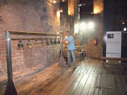 Tim with the bells at the Bell Museum at the second floor of the Belfry of Ghent