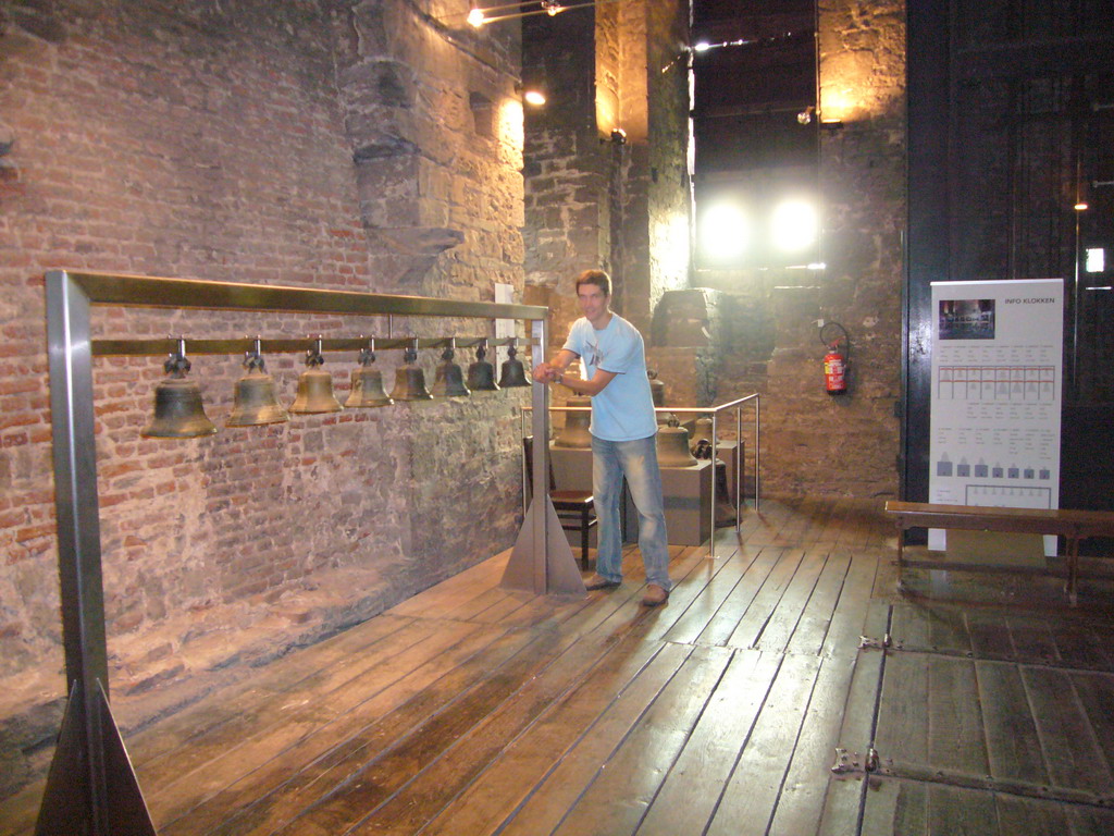 Tim with the bells at the Bell Museum at the second floor of the Belfry of Ghent