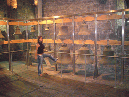 Miaomiao with the bells at the Bell Museum at the second floor of the Belfry of Ghent