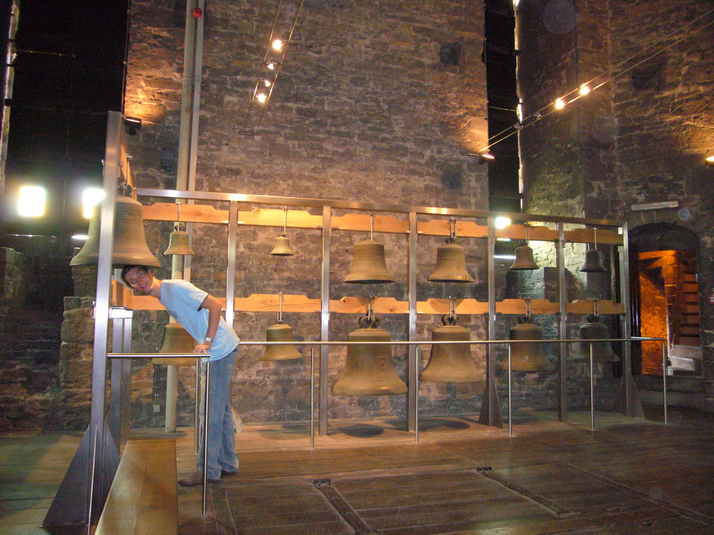 Tim with the bells at the Bell Museum at the second floor of the Belfry of Ghent