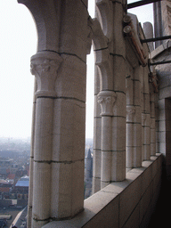 Gargoyle and the city center with the Sint-Niklaaskerk church and the Sint-Michielskerk church, viewed from the walkway at the fourth floor of the Belfry of Ghent