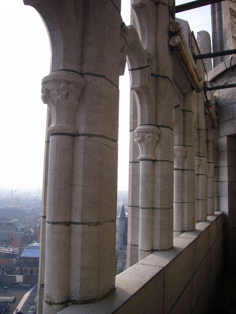 Gargoyle and the city center with the Sint-Niklaaskerk church and the Sint-Michielskerk church, viewed from the walkway at the fourth floor of the Belfry of Ghent