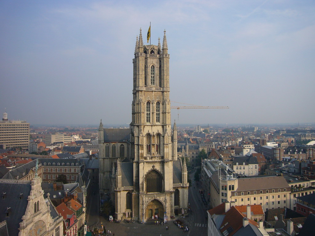 The city center with the Sint-Baafs Cathedral, viewed from the walkway at the fourth floor of the Belfry of Ghent