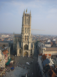 The city center with the Sint-Baafs plein square and the Sint-Baafs Cathedral, viewed from the walkway at the fourth floor of the Belfry of Ghent