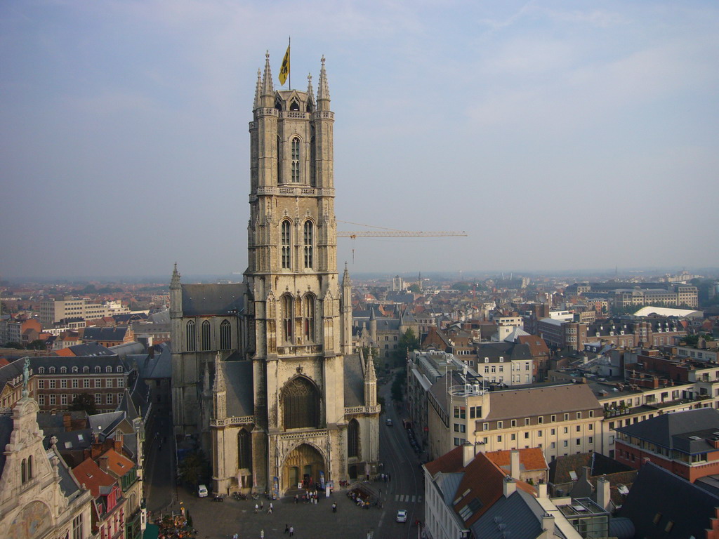 The city center with the Sint-Baafs plein square and the Sint-Baafs Cathedral, viewed from the walkway at the fourth floor of the Belfry of Ghent