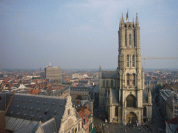 The city center with the Sint-Baafs plein square, the NTGent Theatre and the Sint-Baafs Cathedral, viewed from the walkway at the fourth floor of the Belfry of Ghent