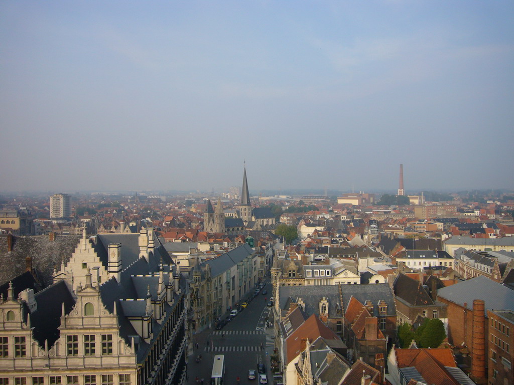 The city center with the City Hall, the Botermarkt square and the Sint-Jacobskerk church, viewed from the walkway at the fourth floor of the Belfry of Ghent