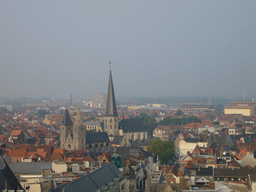The city center with the Sint-Jacobskerk church, viewed from the walkway at the fourth floor of the Belfry of Ghent