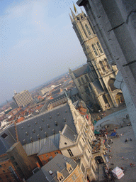 The city center with the Sint-Baafs plein square, the NTGent Theatre and the Sint-Baafs Cathedral, viewed from the walkway at the fourth floor of the Belfry of Ghent