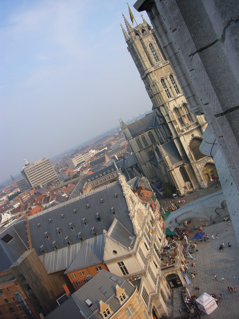 The city center with the Sint-Baafs plein square, the NTGent Theatre and the Sint-Baafs Cathedral, viewed from the walkway at the fourth floor of the Belfry of Ghent
