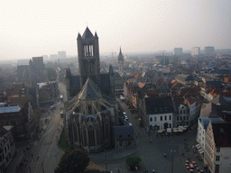 The city center with the Sint-Niklaaskerk church and the Sint-Michielskerk church, viewed from the walkway at the fourth floor of the Belfry of Ghent