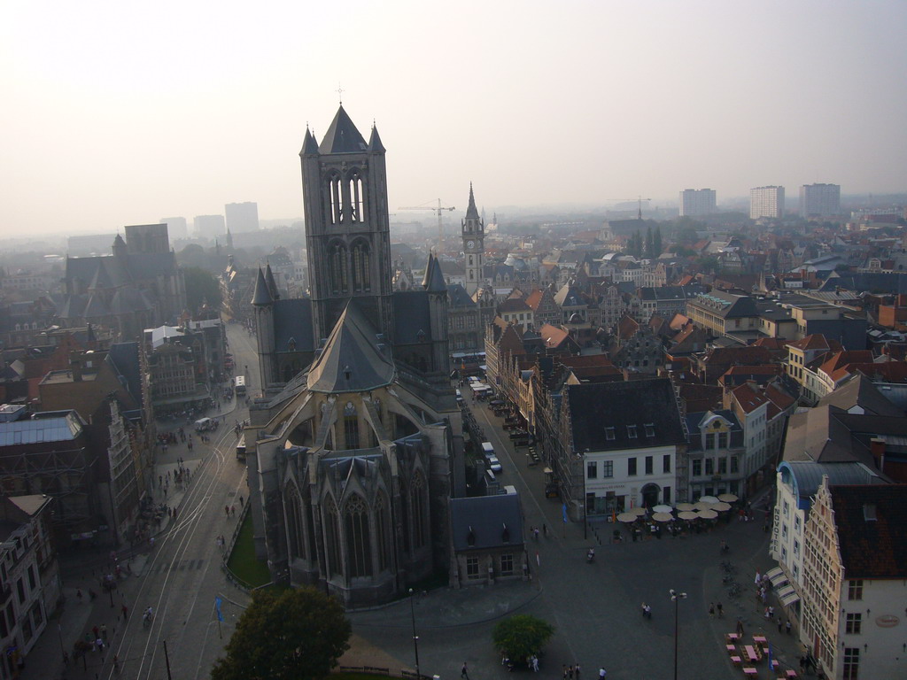 The city center with the Sint-Niklaaskerk church and the Sint-Michielskerk church, viewed from the walkway at the fourth floor of the Belfry of Ghent