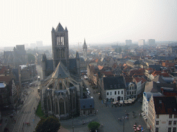 The city center with the Sint-Niklaaskerk church and the Sint-Michielskerk church, viewed from the walkway at the fourth floor of the Belfry of Ghent