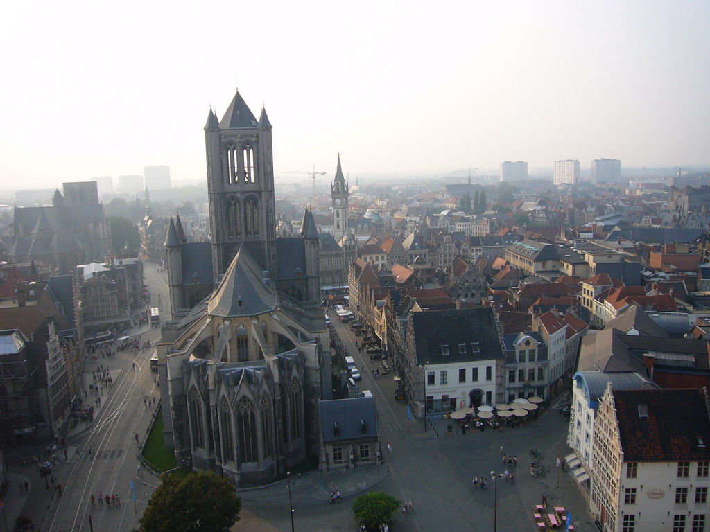 The city center with the Sint-Niklaaskerk church and the Sint-Michielskerk church, viewed from the walkway at the fourth floor of the Belfry of Ghent