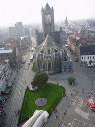 Gargoyle and the city center with the Emile Braunplein square, the Sint-Niklaaskerk church and the Sint-Michielskerk church, viewed from the walkway at the fourth floor of the Belfry of Ghent
