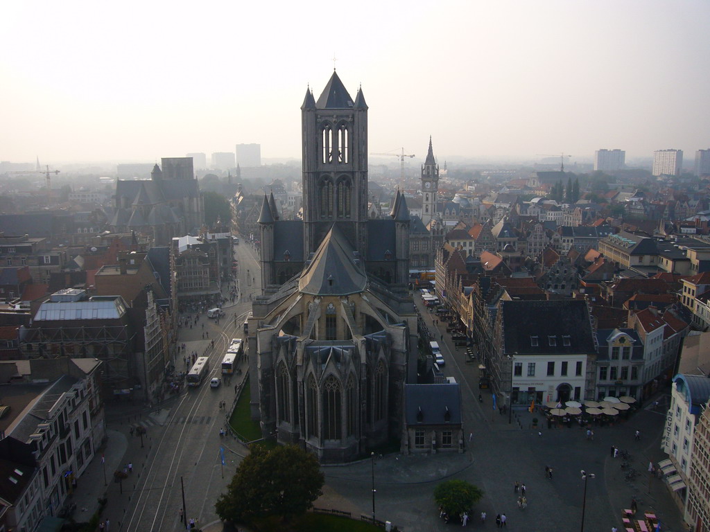 The city center with the Sint-Niklaaskerk church and the Sint-Michielskerk church, viewed from the walkway at the fourth floor of the Belfry of Ghent