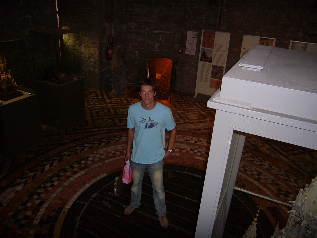 Tim at the Tower Keepers Room at the first floor of the Belfry of Ghent, viewed from the staircase to the second floor