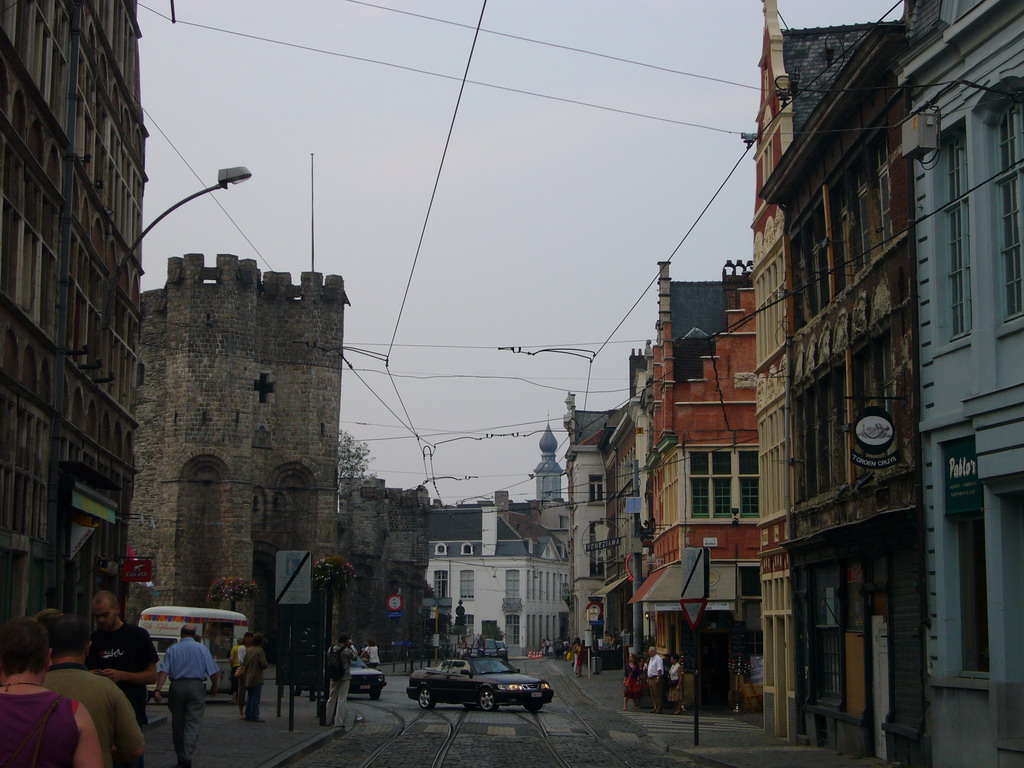 The Sint-Veerleplein square and the front of the Gravensteen Castle, viewed from the Kleine Vismarkt bridge