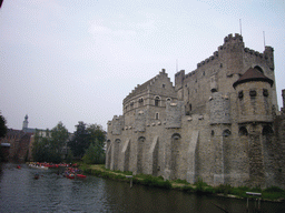 The Gravensteen Castle and baots on the Leie river, viewed from the Execution Bridge