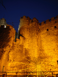 Left front of the Gravensteen Castle at the Sint-Veerleplein square, by night