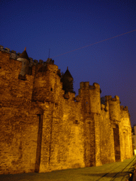 Right front of the Gravensteen Castle at the Sint-Veerleplein square, by night